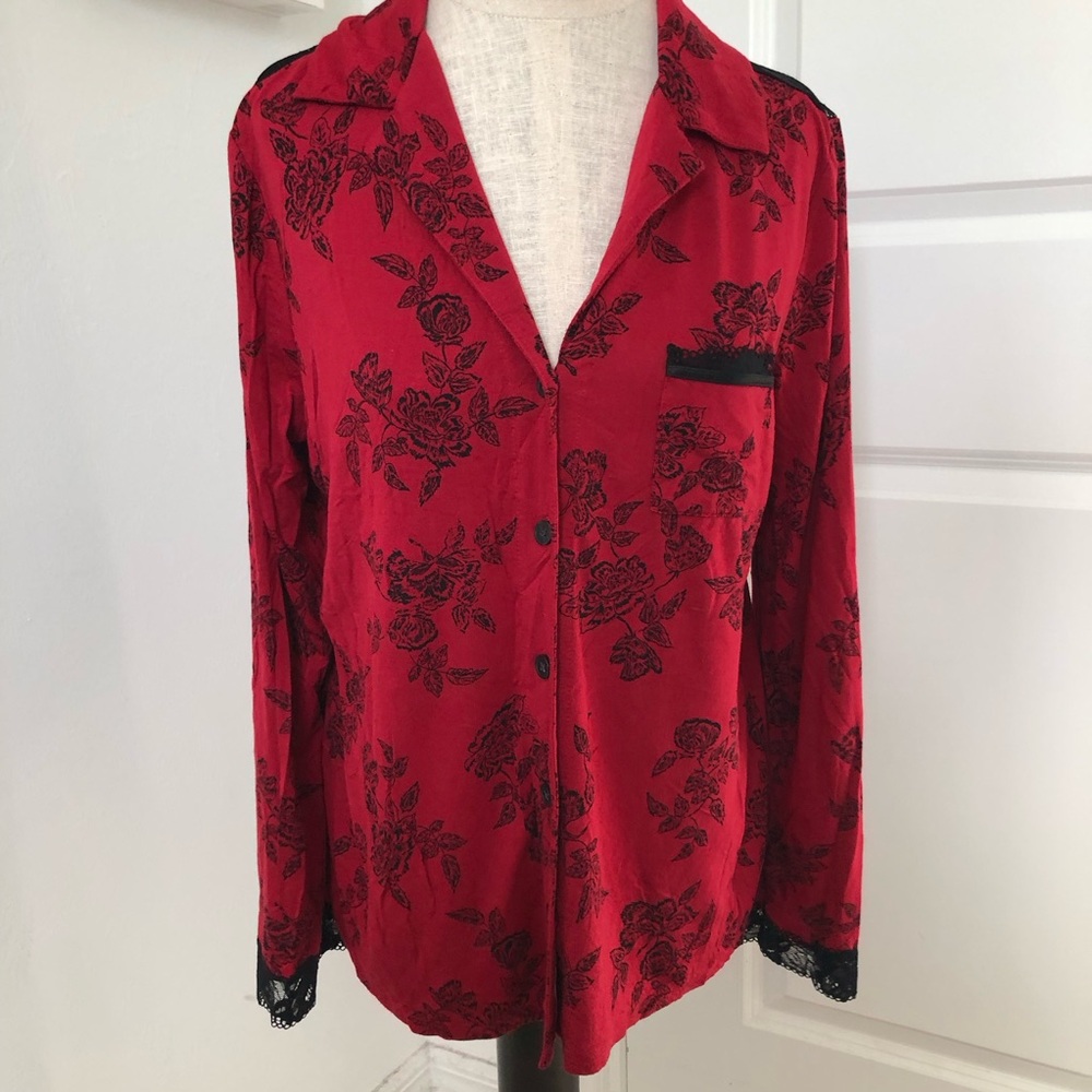 SOMA Red Floral Button Front Pajama Shirt with Black Lace Trim